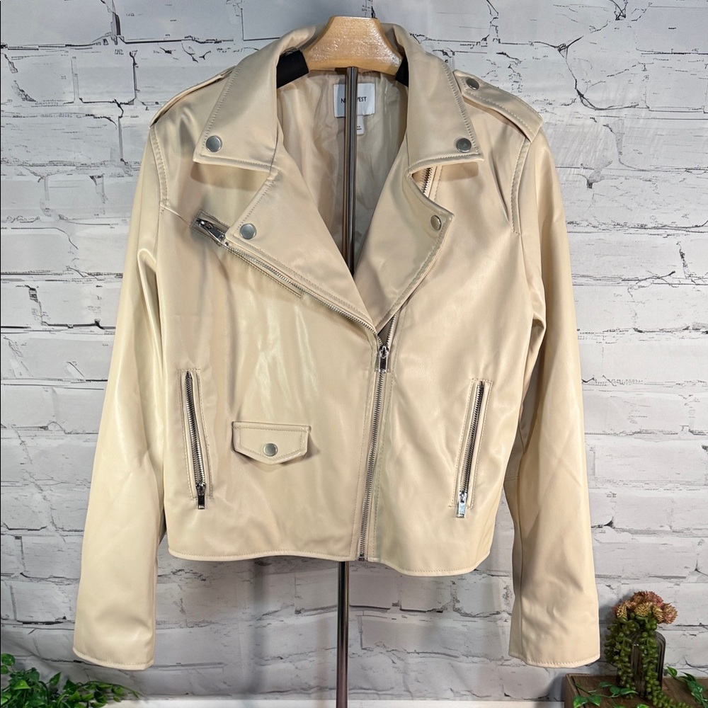 Nine West Woman's Faux Leather Moto Jacket in beige cream. Motorcycle. Size L